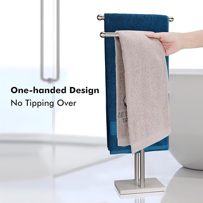 WAYDELI Standing Towel Rack Double-T Shape Tall Bath Towel Sheet Holder with Marble Design Base for Bathroom 2 Tier Towel Holder Stand Stainless Steel (Brushed Nickel)