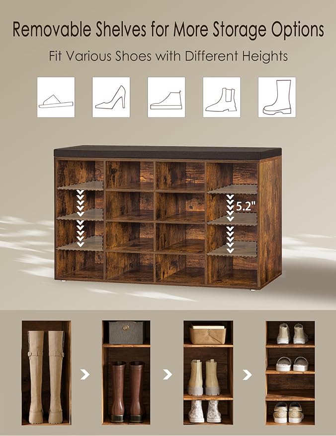 DINZI LVJ Shoe Storage Bench with Cushion, 16-Cubby Shoe Rack, Adjustable Shelves, Multifunctional Shoe Organizer Bench for Entryway, Mudroom, Hallway, Living Room, Bedroom and Garage, Rustic Brown