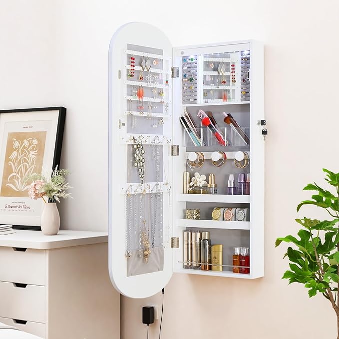 LED Jewelry Cabinet Wall/Door Mounted,RGB Lighted Mirror Jewelry Armoire Organizer Over the Door Full-Length Lockable Rounded Wide Mirror with Storage Interior Mirror Gift for Her Chrismas White