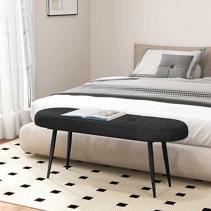 Giantex 47 inch Entryway Bench - End of Bed Bench, Upholstered Bench for Bedroom with Metal Legs, Padded Seat, Long Ottoman Bench for Dining Room, Living Room, Bedroom, Hallway (Black)