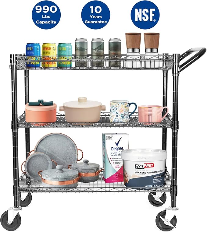 WDT 990Lbs Capacity Heavy Duty Rolling Utility Cart, NSF Rolling Carts with Wheels,Commercial Grade Metal Cart with Handle Bar & Shelf Liner,Trolley Serving Cart for Restaurant,Kitchen,Black