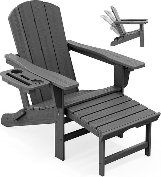 KINGYES Adjustable Folding Adirondack Chair with Footrest & 4-in-1 Multi-Functional Holder, HDPE Recliner Adirondack Chair with Pull-Out Ottoman, Gray