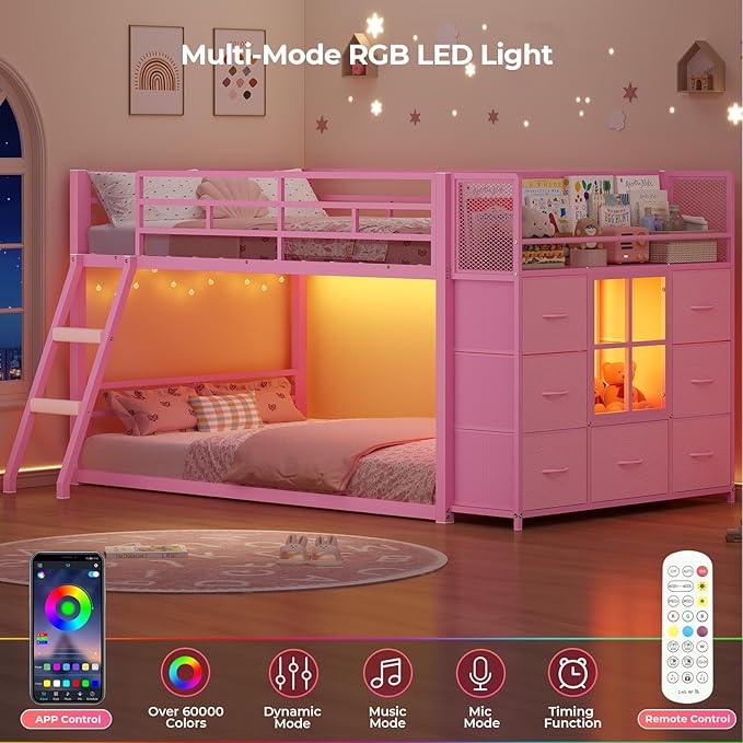 BTHFST Low Bunk Bed Twin Over Twin with 7 Large Fabric Drawers & Bookshelf, Metal Bunk Bed with RGB LED Lights & Slanted Ladder & Safety Guardrail, Space-Saving Kids Low Loft Bed Twin, Pink
