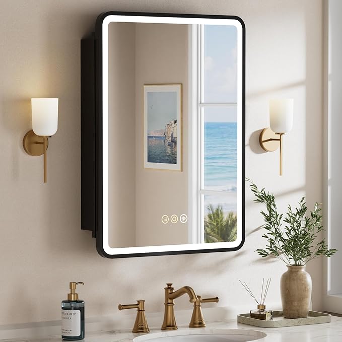 20x28 Medicine Cabinet with Lights,Wall or Recessed Mounted LED Bathroom Mirror Cabinet, Defogger, Storage Shelf, 3 Color Dimmable Light with Memory Function, Black, Right Hinge
