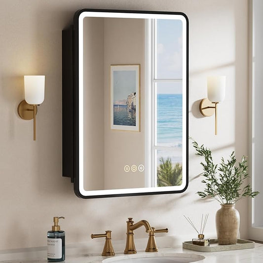 20x28 Medicine Cabinet with Lights,Wall or Recessed Mounted LED Bathroom Mirror Cabinet, Defogger, Storage Shelf, 3 Color Dimmable Light with Memory Function, Black, Right Hinge