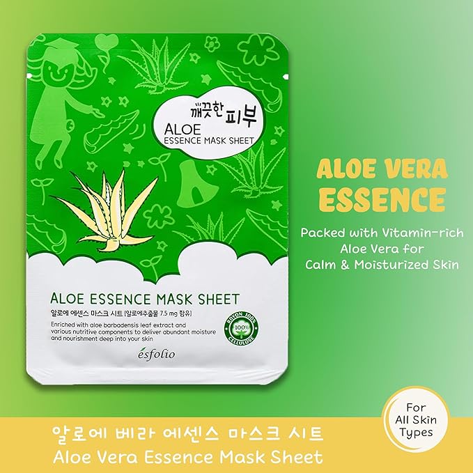 Esfolio Pure Skin Aloe Vera Face Mask Sheet – Hydrating Korean Sheet Mask for Soft, Balanced Skin – Lightweight Daily Skincare with Botanical Extracts – Easy to Use, Made in Korea (Pack of 10)