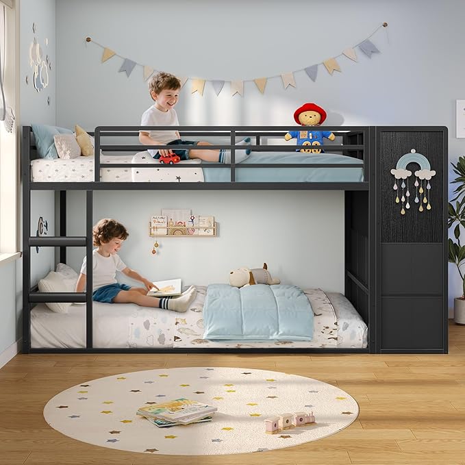 BTHFST Twin Over Twin Bunk Bed with Storage Drawers & Open Storage Shleves with LED Lights, Metal Black Low Bunk Bed Safety Ladder and 13.4" H Guardrail, Space Saving