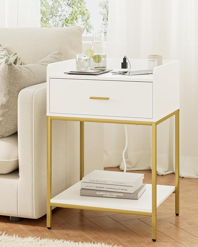 Masupu Nightstand with Charging Station, 3-Tier Modern Bedside Night Stand with Storage Drawer and Shelf, Large End Side Table for Bedroom, Living Room,White