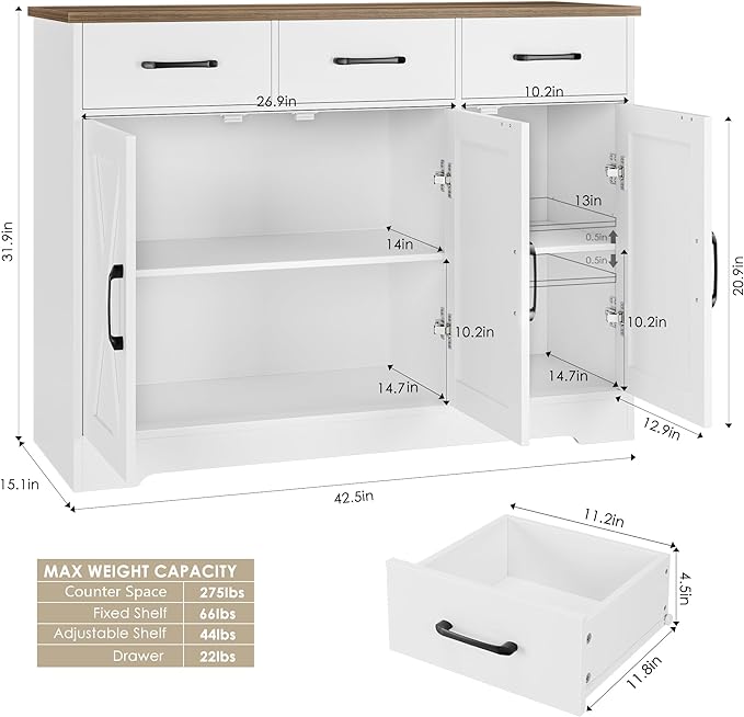HOSTACK Modern Farmhouse Sideboard Buffet Cabinet, Barn Doors Buffet Storage Cabinet with Drawers and Shelves, Wood Coffee Bar with Storage for Kitchen, Dining Room, Living Room, White