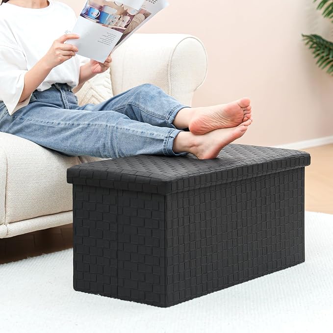 B FSOBEIIALEO Folding Storage Ottoman, Faux Leather Footrest Seat Long Bench Chest, Black 30"x15"x15"