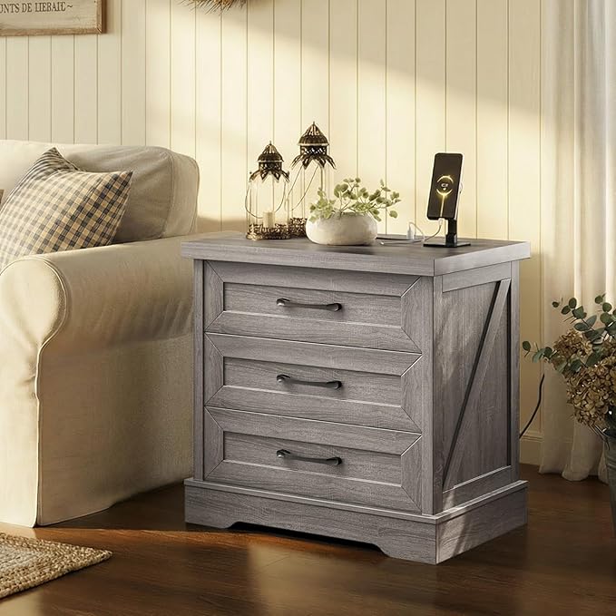 AODK Farmhouse Nightstands Set of 2, 24 Inch Bedside Tables with Charging Station, End Tables with Three Drawers, Bed Side Tables with Outlet and USB for Bedroom & Living Room, Oak Grey
