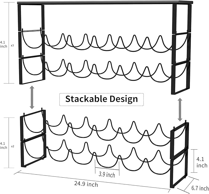TONLEA 4 Tier Wine Rack - 3-in-1, Stackable, 24-Bottle Wine Storage Rack with Wood Top for Cabinet or Pantry (Dark Black, Version 3.0)