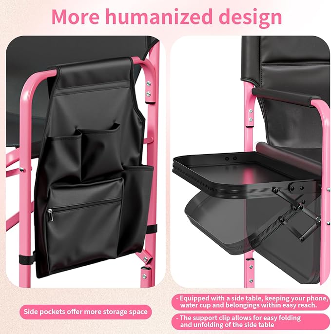 VINGLI 31" Tall Director's Chair for Makeup Artist, Aluminum Portable Makeup Chair with Retractable Side Table & Footrest,Supports 300 lbs, Foldable Makeup Chair for Studio, Pink & Black
