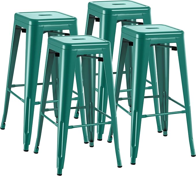 Furmax 30 Inch Metal Bar Stools Set of 4, Counter Height Stools, Industrial Bar Chairs Patio Stool Stackable Stool for Kitchen/Dining Room/Indoor Outdoor(Green, 30'' Backless)