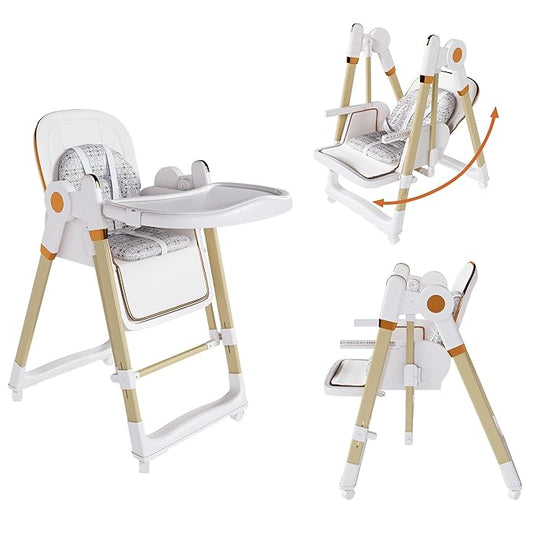 Foldable Baby High Chair with 150° Swing & Recline,Convertible High Chairs for Babies and Toddlers,5 Height Levels,3 Backrest & Footrest Positions,Removable Double Tray,Lockable Wheels (White)