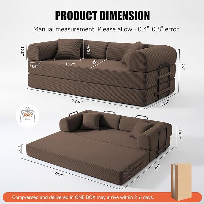 79" Compressed Sofa, Convertible Sofa Bed, Corduroy Compression Boneless Couch with Pillow, Comfy Modular Foldable Floor Sleeper Sofa for Bedroom, Living Room, Lounge, Studio (Brown)