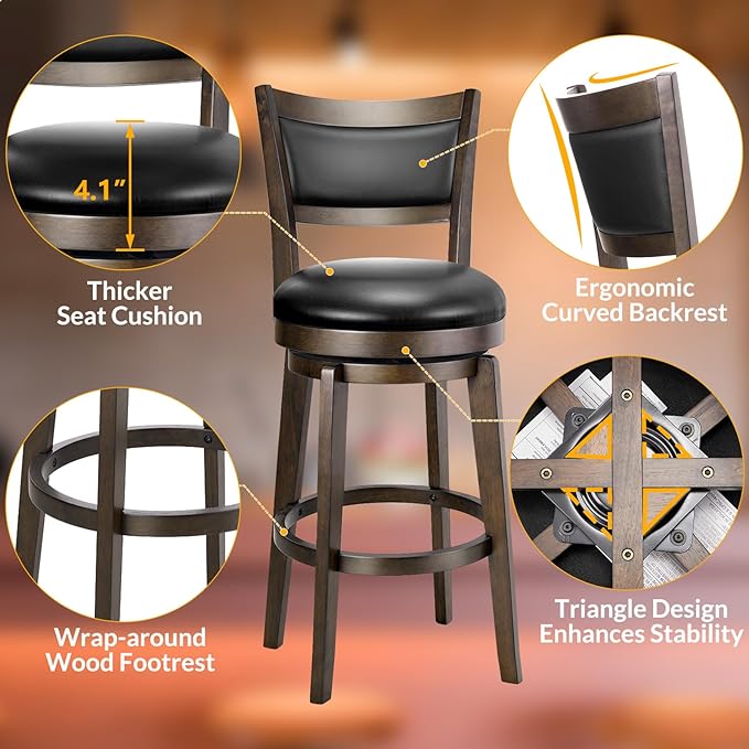 PrimeZone Swivel Bar Stools Set of 1, 26 Inch Counter Height Barstools, Black Faux Leather Bar Stool with High Backrest & Solid Wood Legs & Wrap-around Footrest, Counter Stools for Kitchen Island, Pub