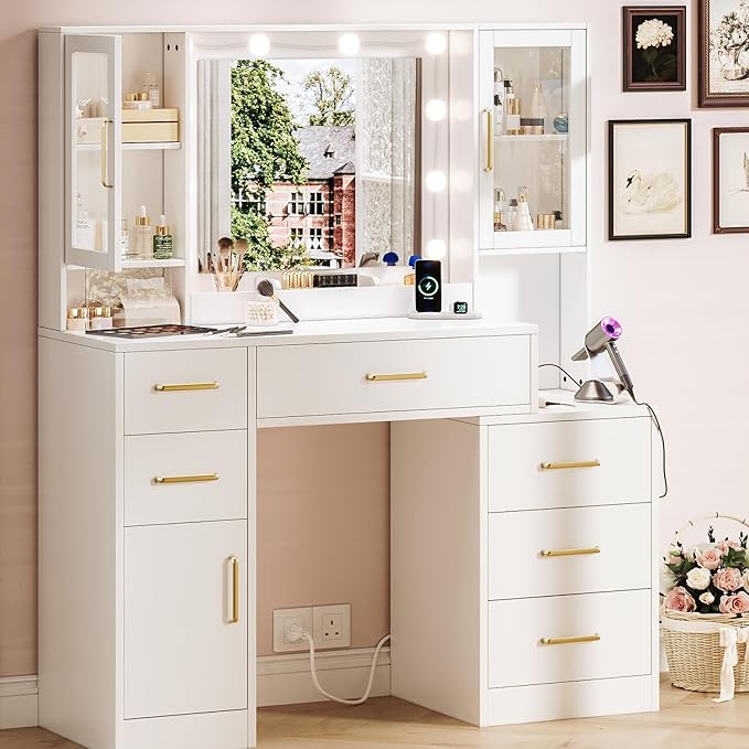 TOKSOM 51" Vanity Desk with Mirror and Lights & Charging Station, Bedroom Dressing Table, Large Vanity Set, 6 Drawers and 2 Cabinets, Makeup Vanity Table with Charging Station, Without Stool