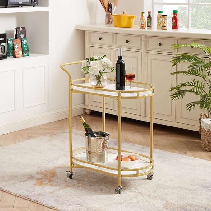 unipaws Bar Cart with Wheels, Easy Assembly Rolling Serving Bar Trolley with 2-Tier Shelves and Rotating Wheels for Home Kitchen Dining and Living Room (Gold & White)
