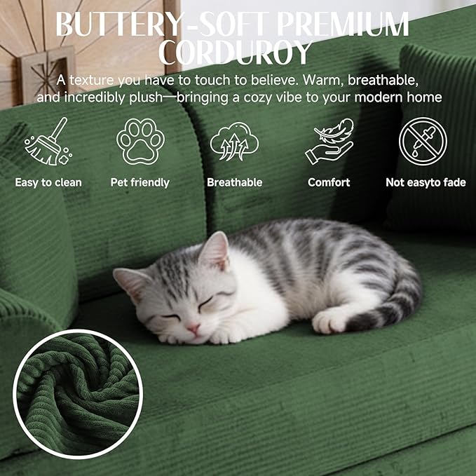 78.8" Convertible Sofa Bed with Detachable Arm Pillow, 6-in-1 Sectional Couches for Living Room, Corduroy Boneless Couch, Sleeper Loveseat Couch Bed, No Assembly, Green Couch