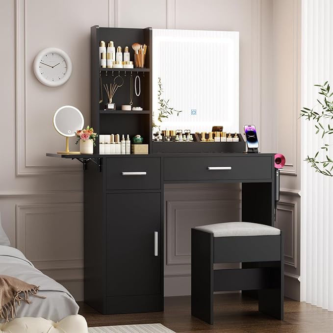 ERLEJIA Vanity Desk with Mirror and Lights & Extral Foldable Desk, 35.43" & 43.3" Makeup Vanity Table with Stool and Plug Outlet, 5 Drawers and Open Shelves Dressing Table for Bedroom,Black