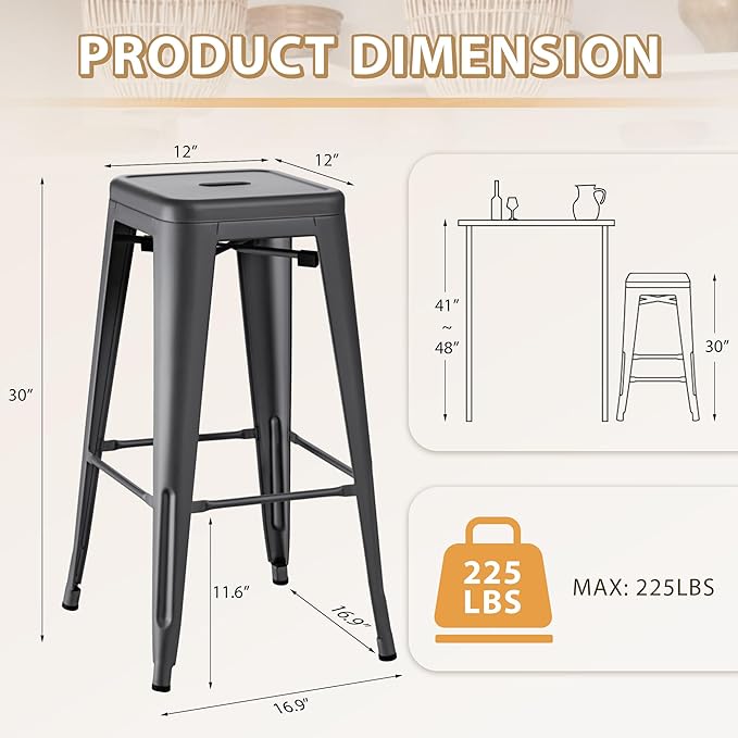 Furmax 30 Inch Metal Bar Stools Set of 4, Counter Height Stools, Industrial Bar Chairs Patio Stool Stackable Stool for Kitchen/Dining Room/Indoor Outdoor(Gray, 30'' Backless)
