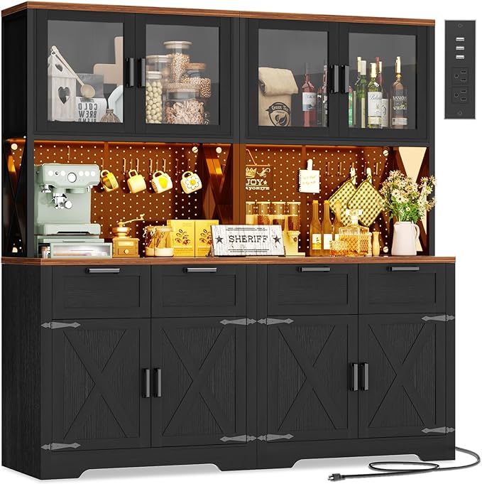 Unikito 71" Tall Kitchen Pantry Storage Cabinet with LED Light & Outlet, 63" Wide Kitchen Hutch Cabinet with Large Countertop, DIY Pegboard and Drawers, Food Pantry for Living Room,Black and Rustic