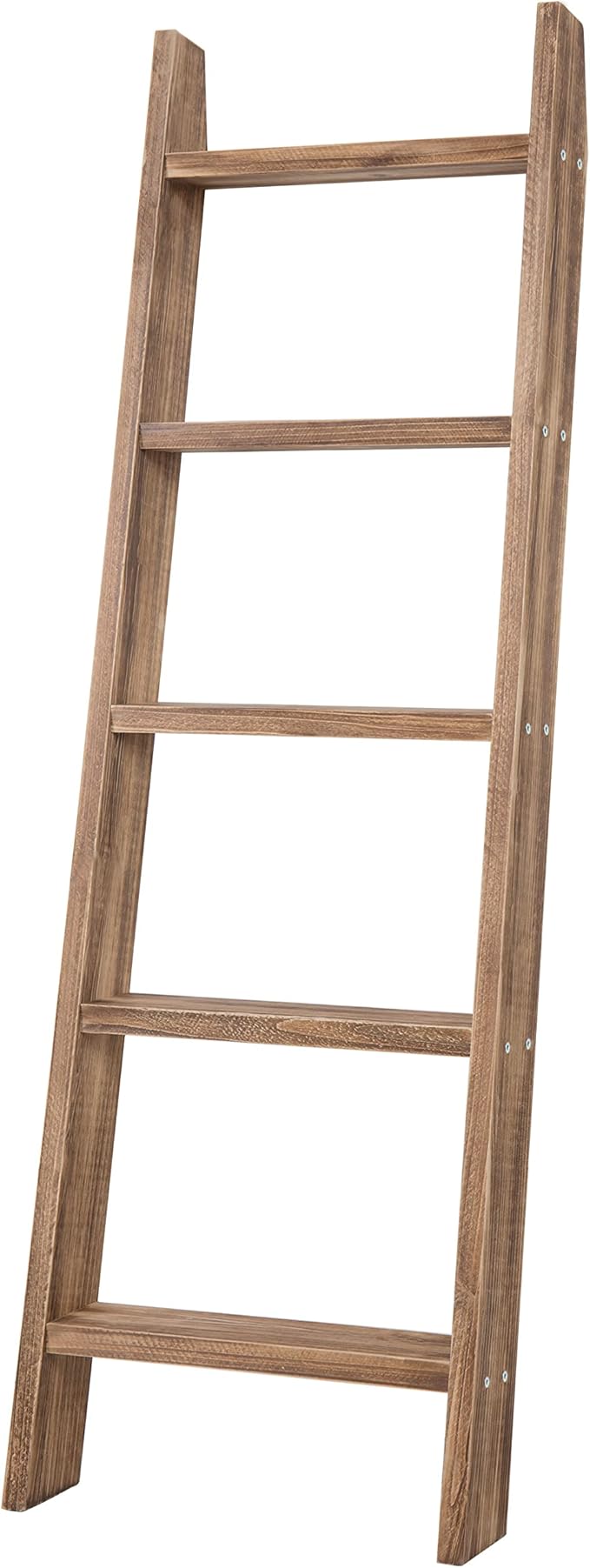 MyGift 4ft Tall Rustic Burnt Natural Wood Wall Leaning Blanket Ladder Shelf with 5 Rungs, Decorative Living Room Throw and Quilt Holder, Farmhouse Bedroom Decor