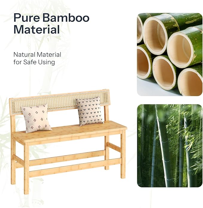HOOBRO Dining Bench, Bamboo Farmhouse Entryway Bench with Back for Kitchen, Living Room, Bedroom, Easy to Assemble, Sturdy and Stable, Natural YL05CD01