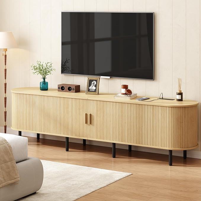 ONBRILL 86.6" TV Stand with Power Outlet for TVs up to 90 Inch, Entertainment Center with Storage and Adjustable Shelves, Modern Media Console with Sliding Doors for Living Room, Oak
