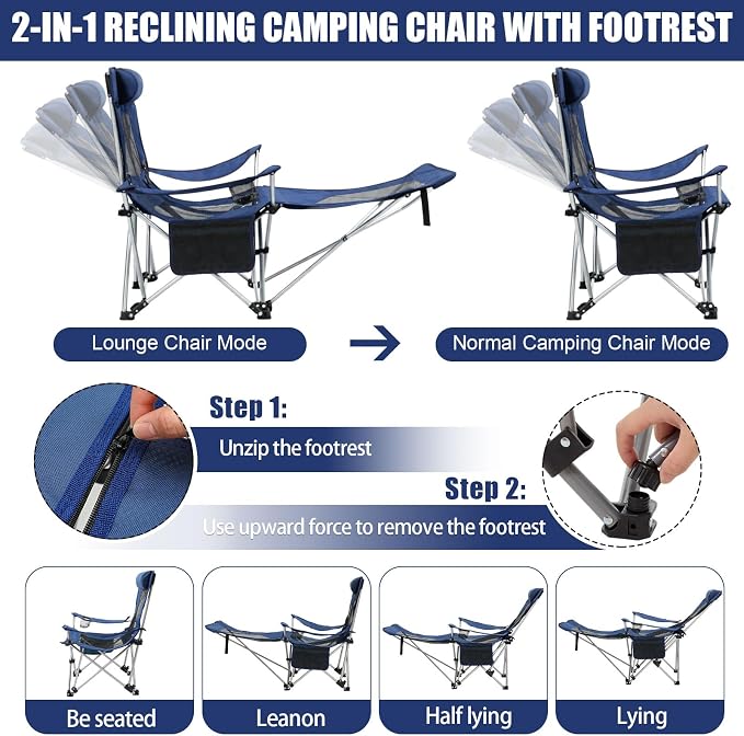 Colingmill 2 Pcs 2 in 1 Reclining Camping Chair with Footrest for Adults Folding Lounger Mesh Beach Chair Adjustable Backrest Lightweight Lawn Chairs for Camping Tailgates Outdoor Beach(Navy Blue)