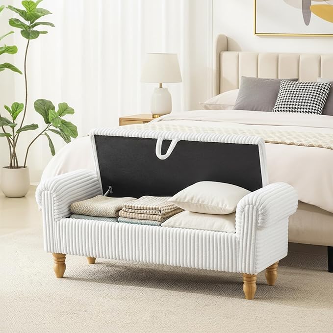 51.5" Bench for End of Bed Storage Benches, Queen End of Bed Bench Corduroy Upholstered Storage Ottoman Window Bench with Storage, for Bedroom, Entryway, Closet, White