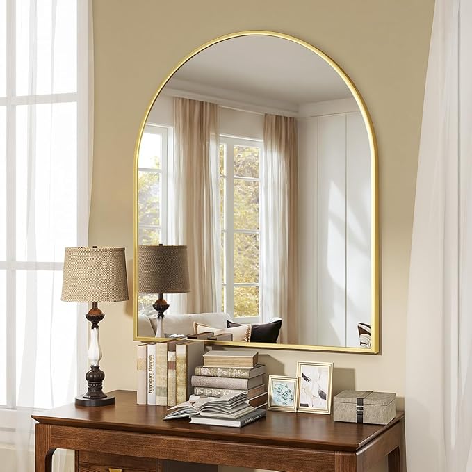 VooBang Arched Wall Mirror, 26 x 28 inch Arch Bathroom Mirror, Wall Mounted Vanity Mirror with Arch Metal Frame, Modern Bathroom Vanity Mirror for Bedroom, Living Room, Hanging or Leaning, Gold