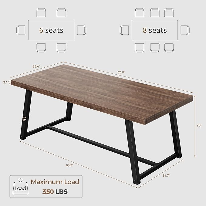 IRONCK 71" Dining Table for 6-8 People, Industrial Kitchen Table with Sturdy Metal Frame, Rectangular Brown Wood Dinner Table for Dining Room