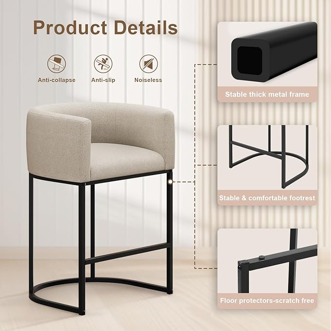 26" H Counter Height Bar Stools Set of 2, Modern Barrel Counter Stools with Backrest and Arms, Linen Fabric Upholstered Accent Barstools for Kitchen Island,Support 450 LBS (Beige)