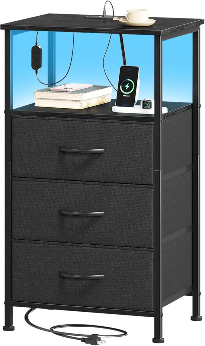 Somdot Black Nightstand with Charging Station and LED Light for Bedroom, Tall 3 Drawers Dresser with Fabric Bins for Bedside Kids Dorm Room Closet Laundry Entryway, Black