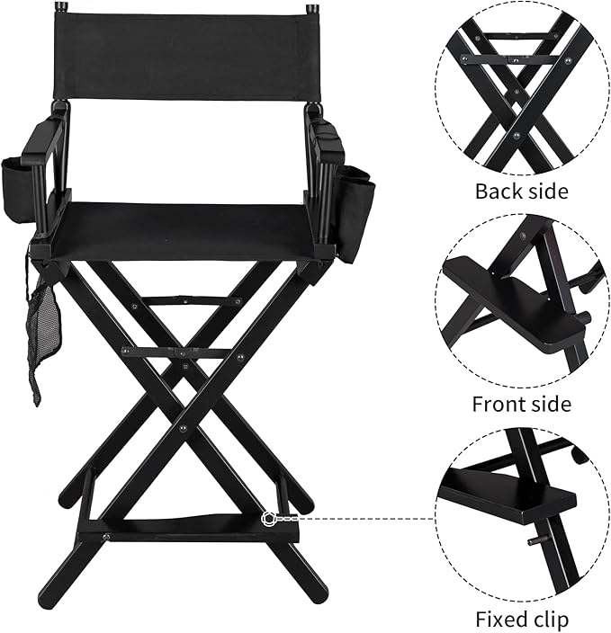 OmySalon 26" H Tall Directors Chair, Wooden Portable Folding Makeup Chair w/Storage Pouch & Footrest, Professional for Salon/Events/Mobile Services, 250lb Capacity, Black Canvas