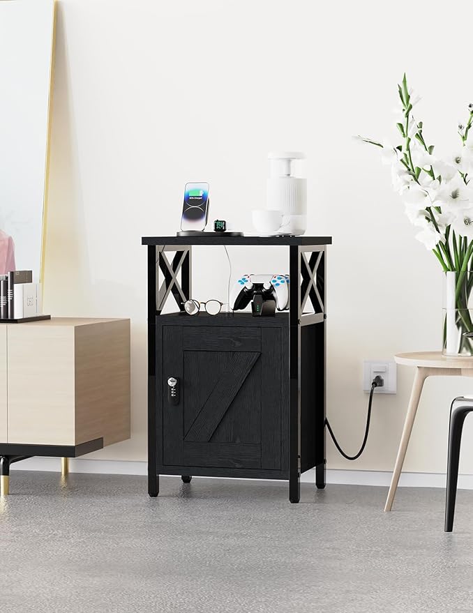 runjuly Wooden Nightstand with Charging Station, Bed Side Table with Drawers, Bedside Table with Lock, 3 USB & 2 Outlets, Night Stand with Cabinet Storage, End Table for Bedroom, Black