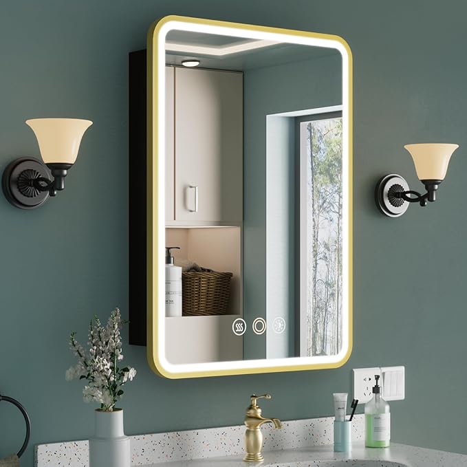Medicine Cabinet with Mirror and Lights, 16x28 Inch Wall or Recessed Mounted LED Bathroom Medicine Cabinet, Defogger, Storage Shelf, 3 Color Dimmable Light with Memory Function, Gold