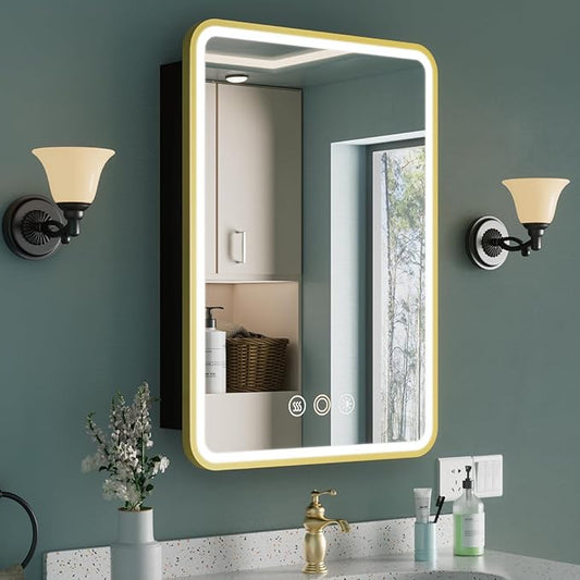 Medicine Cabinet with Mirror and Lights, 16x28 Inch Wall or Recessed Mounted LED Bathroom Medicine Cabinet, Defogger, Storage Shelf, 3 Color Dimmable Light with Memory Function, Gold