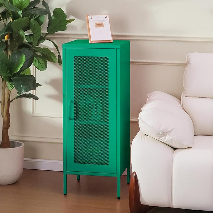 Slim Metal Storage Cabinet with Mesh Doors - 42'' Tall Narrow Organizer Tower, Compact Freestanding Cabinet, Versatile Utility Storage for Home, Office, Kitchen, Living Room, Durable and Modern Design