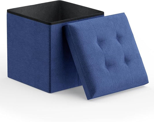Magshion Folding Storage Ottoman Cube, 15 Inches Small Foot Rest Stool, Square Ottoman with Storage for Bedroom, Living Room, Dorm, Navy Blue