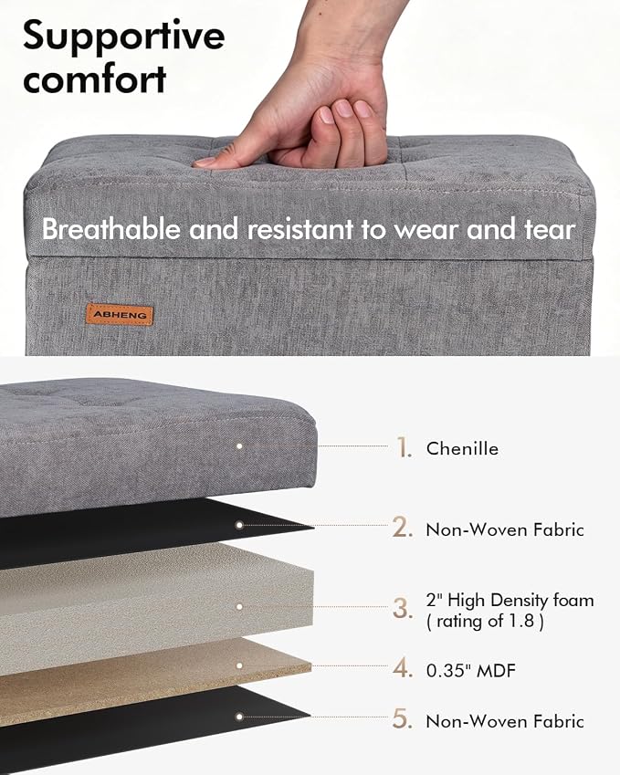 ABHENG Chenille Metal Framed Storage Ottoman,12.2" D x 16.1" W x 17.7" H Tufted Upholstered Ottoman with Storage,Foot Rest Stool with Legs,Holds 770 LB for Dorm Living Room Bedroom Gray UASND70G
