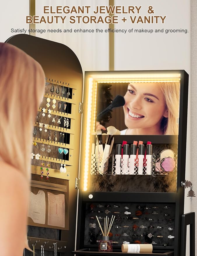 360° Swivel Jewelry Cabinet with Lights - RGB Vanity Mirror | Rotatable Full Length Mirror with Jewelry Storage, Standing Jewelry Armoire Organizer, Foldable Makeup Shelf, White (Black 052)