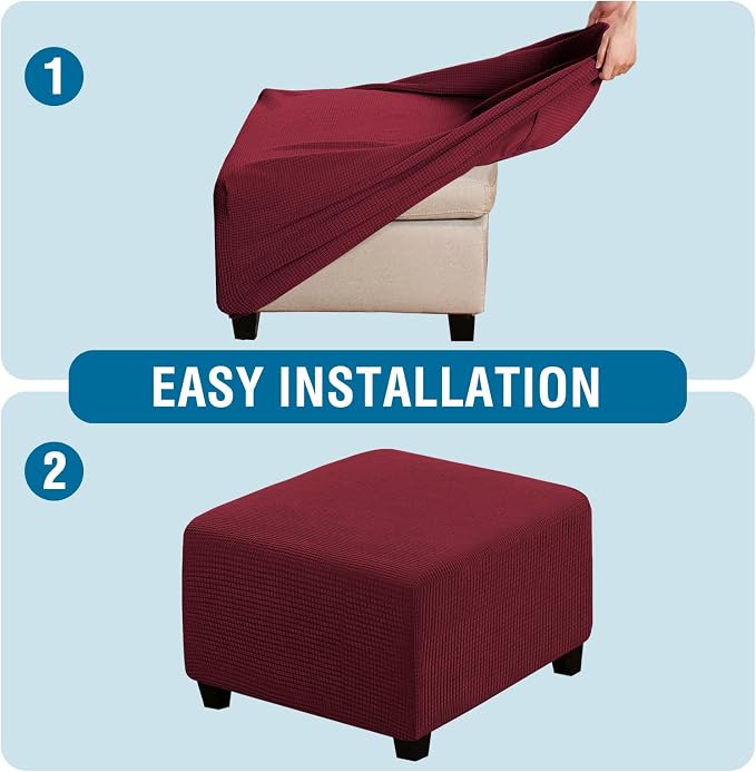 H.VERSAILTEX Square Ottoman Covers Ottoman Slipcovers Folding Storage Stool Furniture Protector Form Fit with Elastic Bottom, Stretch High Spandex Small Checks Jacquard Fabric(Large,Burgundy Red)