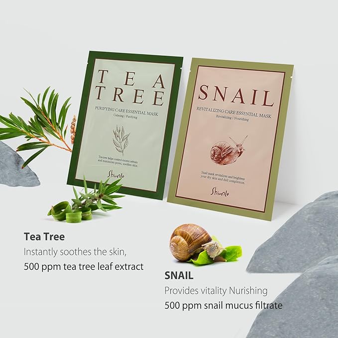 SHIONLE New Essential Sheet Mask 12 Packs | Made in Korea Face Mask | Premium Essence Facial Mask for Daily Skincare | Home Spa Self-care Treatment Hydrating Soothing For All Skin Types (6Type x 2ea)
