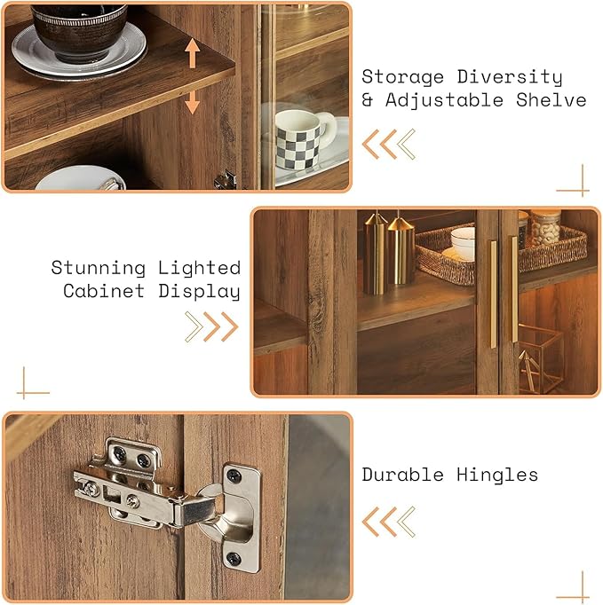 AMERLIFE Sideboard Buffet Cabinet, Mixed Color Accent Cabinet with LED Lights, Modern Glass Doors Storage Cabinets with Adjustable Shelf, Console Table for Dining, Living Room, Barnwood&Brown