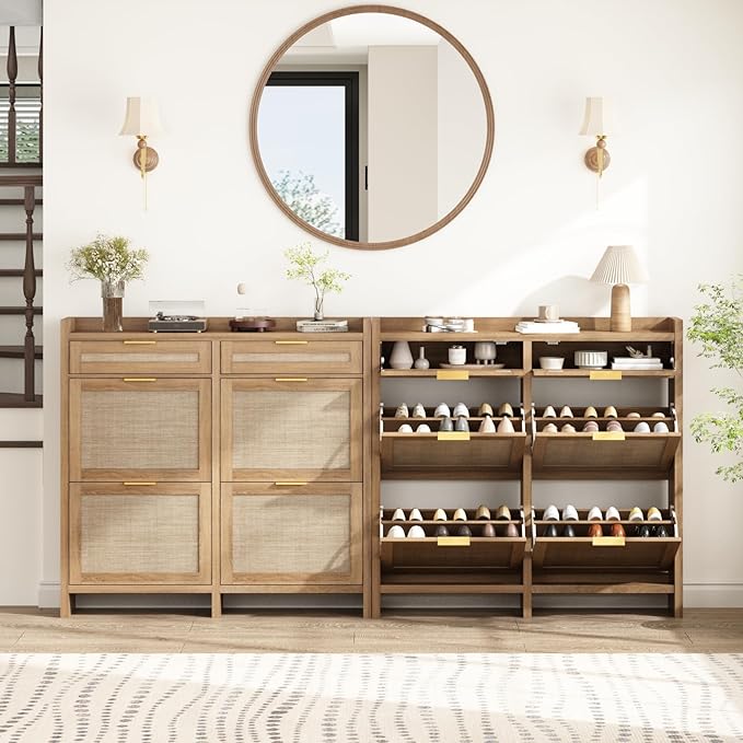 HOKYHOKY Large Rattan Shoe Storage Cabinet with 4 Flip Drawers & 2 Storages–Hidden Slim Shoe Organizer for Entryway, Large Tabletop Space, Farmhouse Boho Narrow Shoe Rack, Rustic Oak
