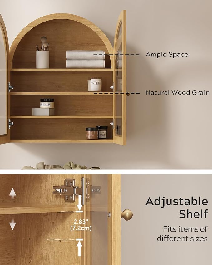 EYYTHUNG Arched Wall Cabinet, Large Bathroom Medicine Wall Mounted Cupboard, Farmhouse Floating Storage Cabinet with Acrylic Door Adjustable Shelf, Wood Organizer (Natural Oak)