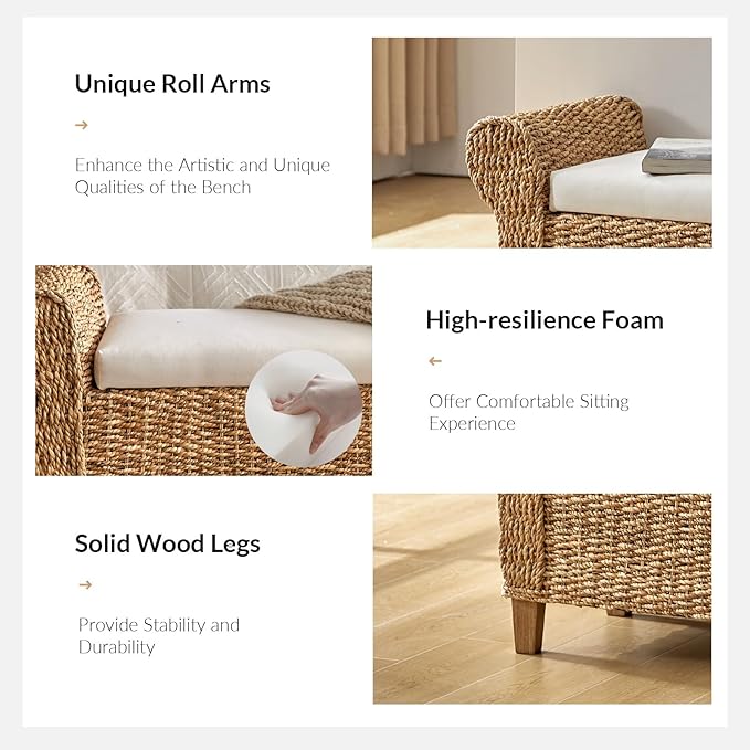 HULALA HOME Rattan Storage Bench with Rolled Armrests, Boho Wicker End of Bed Bench for Bedroom Entryway Living Room, Water Hyacinth Frame, Natural